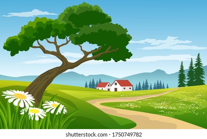 Countryside vector illustration with houses and tree