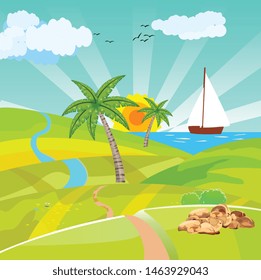 Countryside vector illustration, ship in the ses, the green hills, outdoor vector