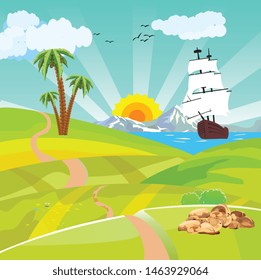 Countryside vector illustration, ship in the ses, the green hills, outdoor vector