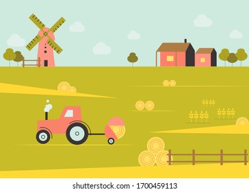 Countryside vector illustration with wheat fields, meadow, windmill, warehouse, trees and working tractor. Panoramic rural landscape. Farming agricultural harvesting concept. Organic fresh products. 
