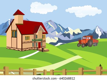 Countryside vector illustration,farm house on green hills