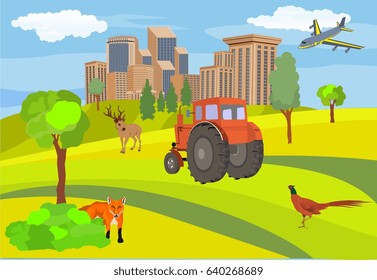 Countryside vector illustration,town buildings on hills