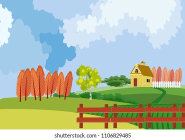 Countryside vector landscape, clouds, hence, trees,home, harvest, houses, concept vector