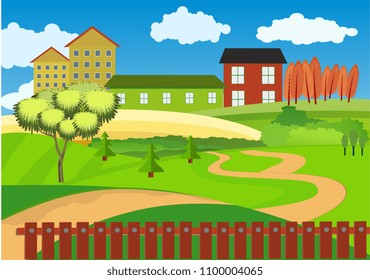 Countryside vector landscape, houses and buildings, in green hills, valley and fresh air