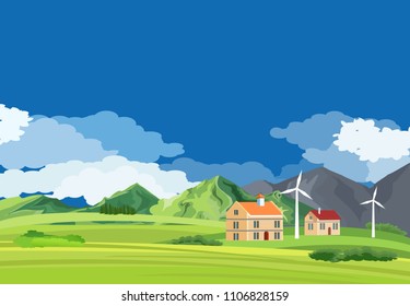 Countryside vector landscape, livestock animals, windmills, clouds, mountains,home,  houses, eco concept vector