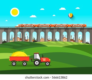 Countryside. Vector Nature Landscape with Tractor, Bridge and Train.