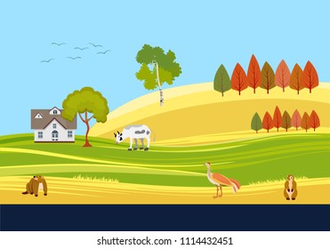 Countryside vector scene, cows, rodents farm houses on green hills, meadow concept illustration