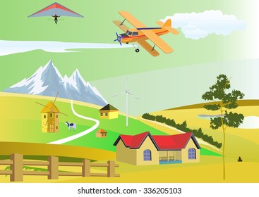 Countryside view mountains, hills, house with red cover. windmill, cow, plane  blue sky vector illustration