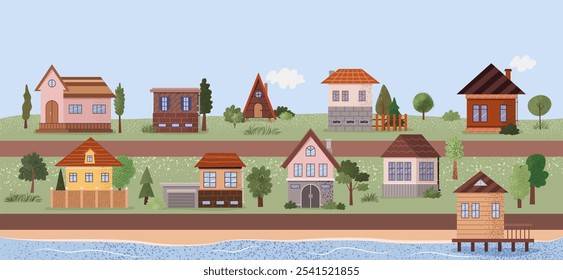 Vista do campo com edifícios suburbanos, campo, árvores, rio, arbustos. Ilustração vetorial plana de bela pequena cidade na natureza, área rural, grama exuberante. Acolhedoras casas tradicionais alinham um beco rural