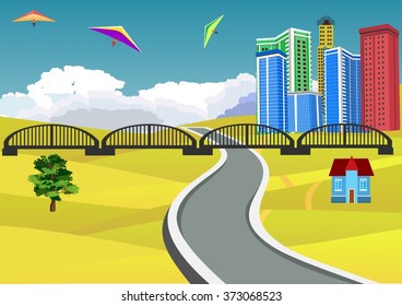 Countryside view vector illustration, yellow hills,3d buildings, bly sky on background, clouds on horizon. Road on foreground