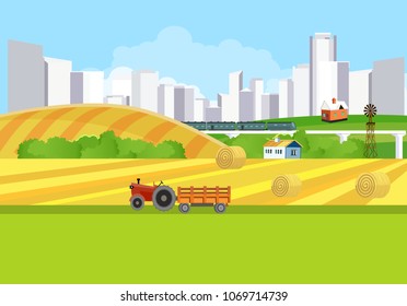 Countryside view  vector countryside landscape background, city buildings,  Agriculture theme, village.