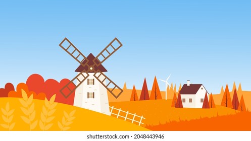 Countryside village farmland landscape in autumn season vector illustration. Cartoon agricultural nature scenery and rural farm house, windmill on hill, farming orange and red grass land background