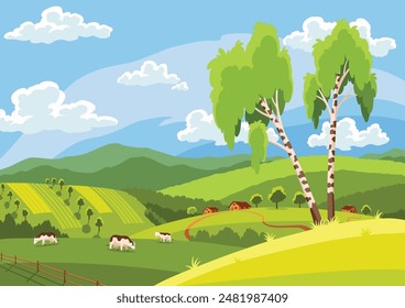 Ländliche Dorflandschaft mit Gebäuden und Kühen. Landschaftspanorama, Wiesen und Weiden. Grüne Grasfelder Hügel. Vektorillustration im flachen Stil