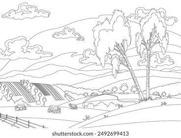 Landschaftliche Dorflandschaft mit Gebäuden und Kühen im Farbstil. Landschaftspanorama, Wiesen und Weiden. In: Field Hills. Vektorillustration im flachen Stil