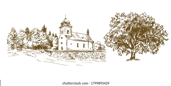 Countryside village landscape with church. Hand drawn vector illustration.