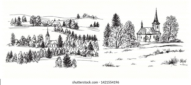 Countryside village landscape with church and houses. Hand drawn vector illustration.