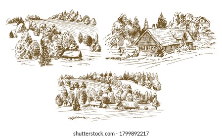 Countryside village landscape with  houses. Hand drawn vector illustration.