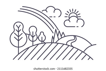 Countryside or village landscape, meadow with field of crops and trees. Agriculture and harvesting, grassland and rural area. Growing crops and harvesting. Line art vector in flat style illustration