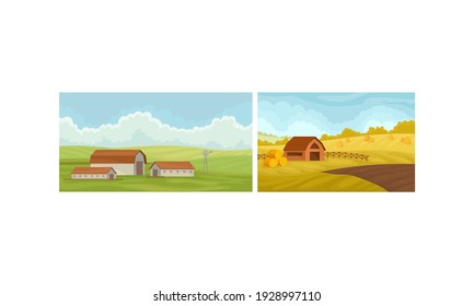 Countryside and Village Scene with Houses and Cultivated Fields Vector Set