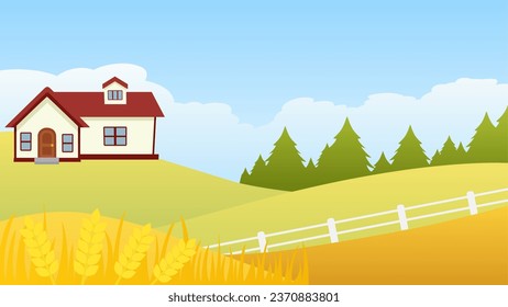 Countryside wheat farm landscape vector illustration. Landscape of farmhouse with wheat field in the green hill. Rural agriculture landscape for background, wallpaper or landing page