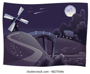 Countryside with windmill in the night. Vector and cartoon landscape. Objects isolated.