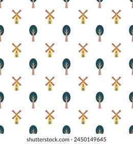 Countryside windmill and tree vector seamless pattern