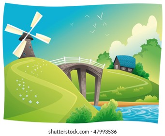 Countryside with windmill. Vector and cartoon landscape. Objects isolated.