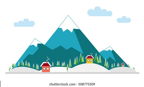 Countryside winter isolated mountains with houses vector