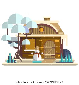 Escena de invierno en el campo, ilustración vectorial plana aislada en fondo blanco. Casa de campo, lindo muñeco de nieve y árbol cubierto de nieve en el patio delantero. La naturaleza de la temporada de invierno.