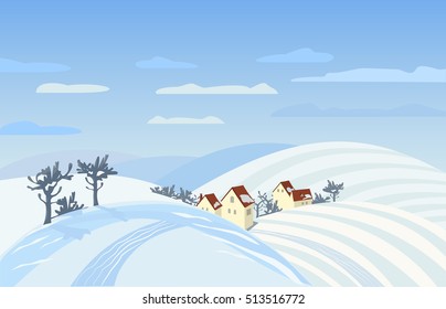 Countryside winter season landscape. Farm houses silhouettes in snowy fields. Rural community among hills,  mountains with snow.  Country winding road. Village scene background. Vector Illustration