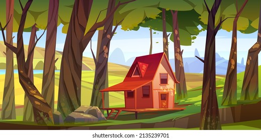 Countryside with wooden house, garden, river and agriculture fields. Vector cartoon illustration of summer landscape with green hills, lake, trees and small cottage in forest