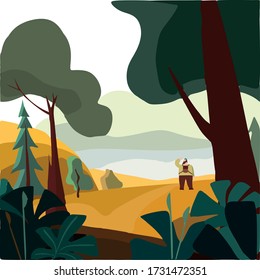Countryside.Beautiful landscape with a male traveler scene.Beautiful field landscape,yellow hills,the delicate color of the blue sky background in flat cartoon style.