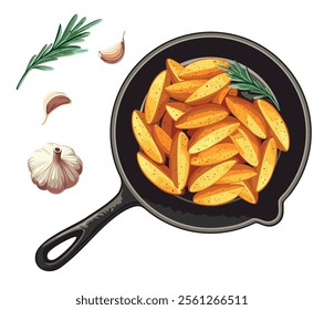 Country-style baked potato wedges in a frying pan with rosemary. Top view. Vector illustration in eps 10. Suitable for menu, restaurant, recipe and cookbook