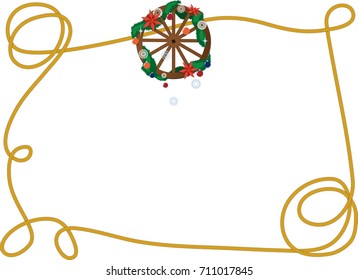 Country-Western Christmas background with a decorated wagon wheel and lasso frame, copy space in the middle, EPS 8 vector illustration