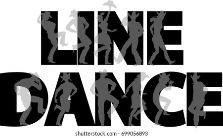 Country-western line dance party banner with silhouettes of cowboys and cowgirls, EPS 8 vector illustration