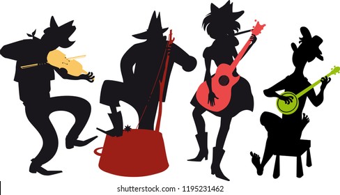 Country-western music band performing, EPS 8 vector black silhouette with multi-color instruments