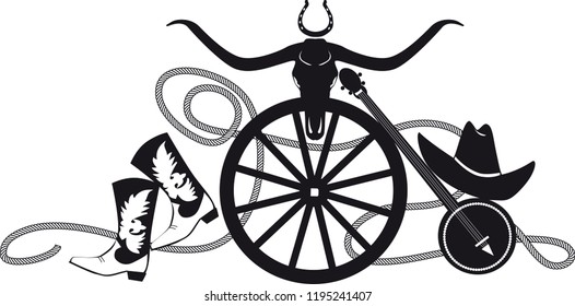 Country-western theme banner with cowboy boots and hat, banjo and buffalo scull, EPS 8 vector silhouette illustration, no white objects