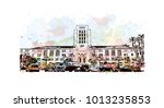 County administration building, San Diego, City in California, USA. Watercolor splash with hand drawn sketch illustration in vector.