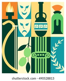 County Greece, vector flat illustration, poster: fire, theater, amphora, helmet, harp, olive tree, architecture, wreath