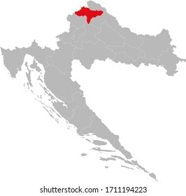 Varaždin county highlighted on Croatia map. Light gray background.  