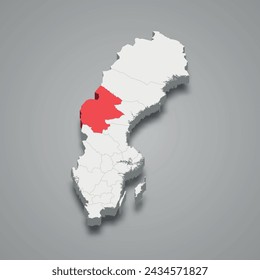 Jämtland county highlighted in red on a grey Sweden 3d map