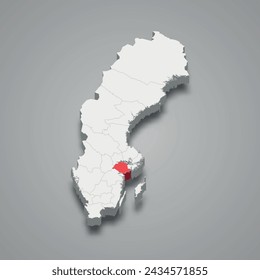 Södermanland county highlighted in red on a grey Sweden 3d map