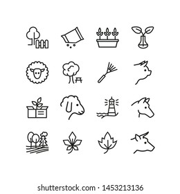 County life line icon set. Cow, pig, field, tree. Country concept. Can be used for topics like farming, village, agriculture