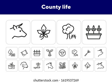 County life line icon set. Cow, pig, field, tree. Country concept. Can be used for topics like farming, village, agriculture