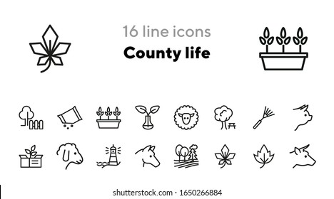 County life line icon set. Cow, pig, field, tree. Country concept. Can be used for topics like farming, village, agriculture