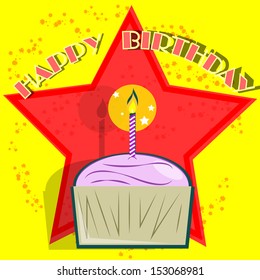 coupe birthday cake with candles, yellow background with red star bordered text semicircle.