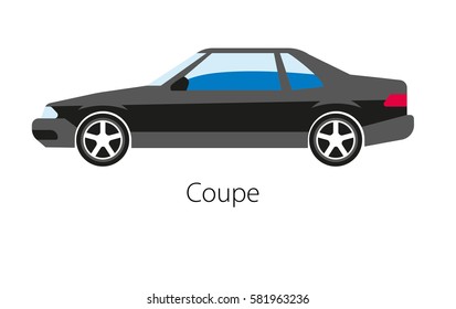 Coupe car isolated on white. Modern detailed two seat automobile. Luxury auto model in black color. Powerful sport car two seater, two door model design vector illustration. Car with powerful motor.