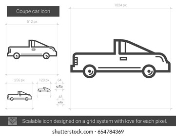 Coupe Auto Vektorsymbol einzeln auf weißem Hintergrund. Coupe Car Linie Symbol für Infografik, Website oder App. Skalierbares Symbol, das auf einem Gittersystem entworfen wurde.