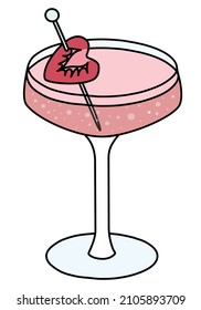 Coupe fizzio glass of pink rose Sparkling Champagne wine cocktail decorated with heart shape strawberries. Cute Valentines day doodle cartoon vector illustration isolated on white background