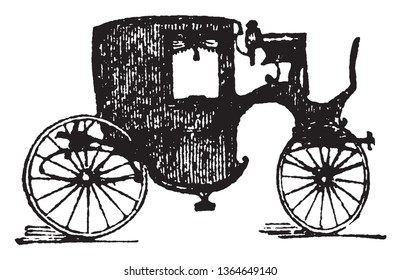 Coupe is a four wheeled closed carriage with seats for two and a driver, vintage line drawing or engraving illustration.